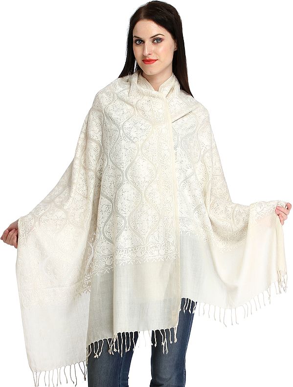 Ivory Stole from Kashmir with Aari-Embroidery in Self