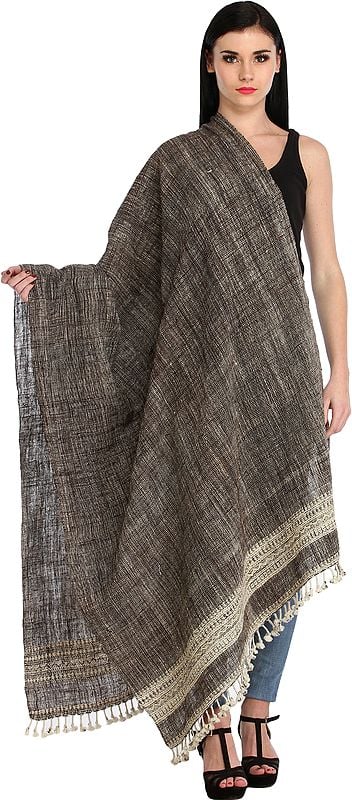 Black Shawl from Kutch with Thread Weave All-Over and Woven Border