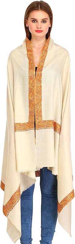 Cream Plain Pure Pashmina Shawl from Kashmir with Needle Hand-Embroidery on Border