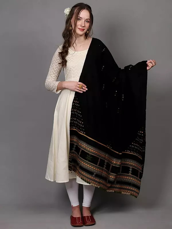 Shawl from Kutch with Woven Border and Embroidered Mirrors