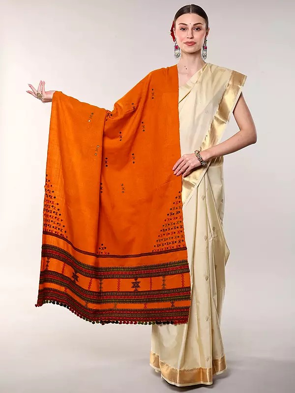 Shawl from Kutch with Woven Border and Embroidered Mirrors