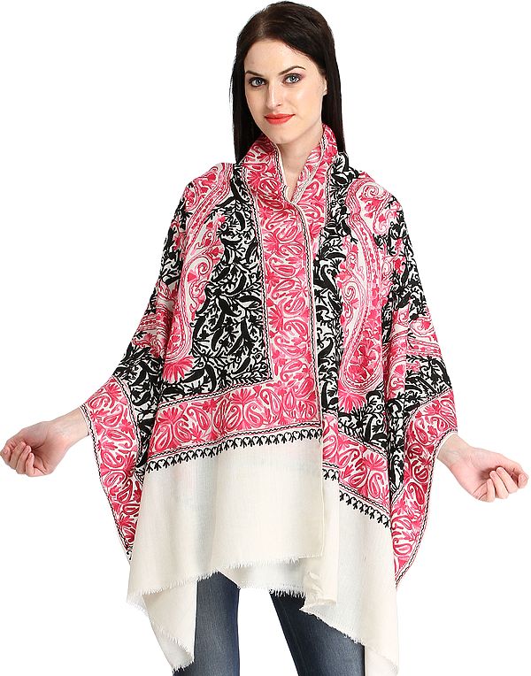 Off-White Stole from Kashmir with Aari-Embroidered Paisleys in Pink and Black Thread