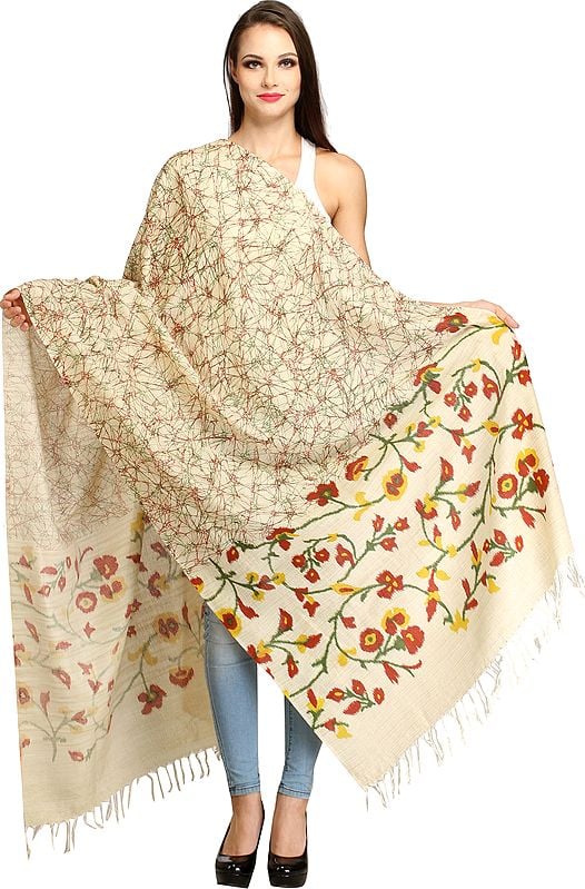 Almond-Oil Dupatta from Jharkhand with Floral Print on Border