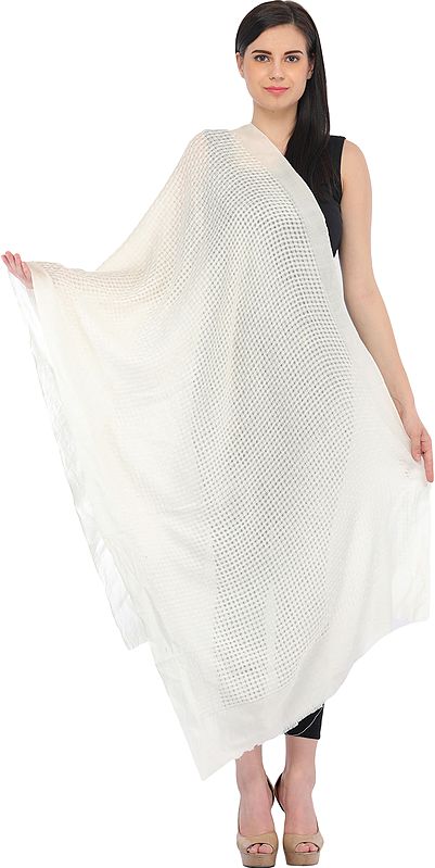 Ivory Semi-Cashmere Stole with Missing-Checks in Self