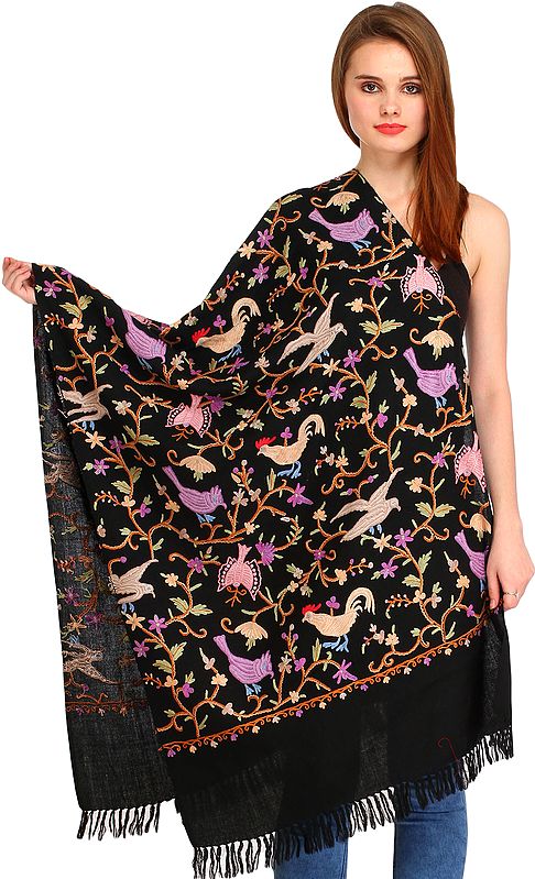Jet-Black Stole from Kashmir with Aari Hand-Embroidered Birds and Butterflies