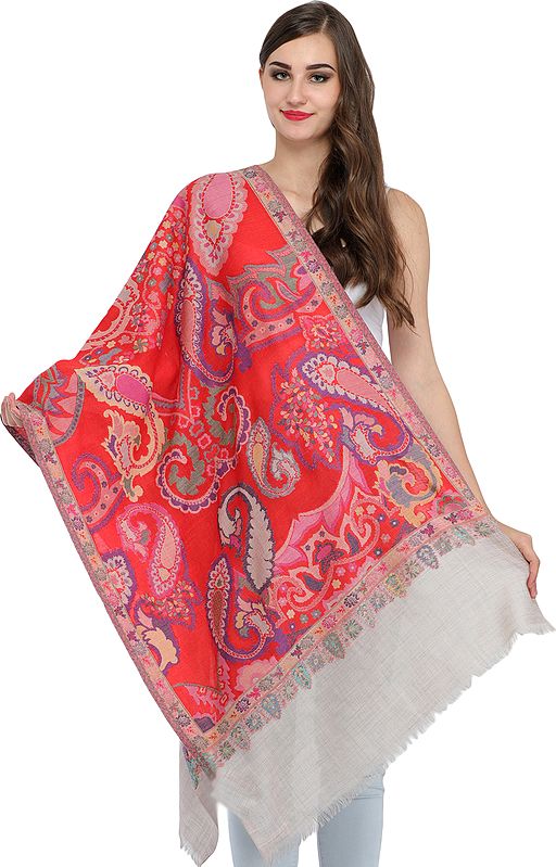 Kani Jamwar Stole with Woven Paisleys in Multi-colored Thread