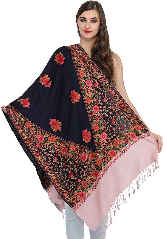 Double-Colored Aari Stole from Amritsar with Floral-Embroidery