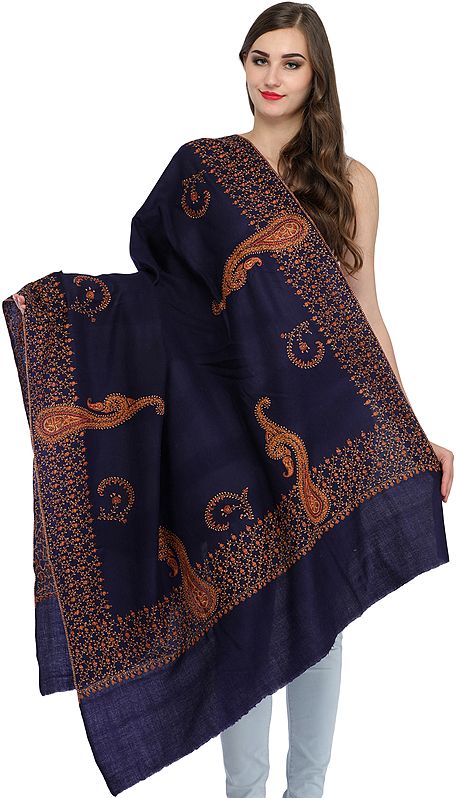 Patriot-Blue Tusha Shawl from Kashmir with Sozni Hand-Embroidery