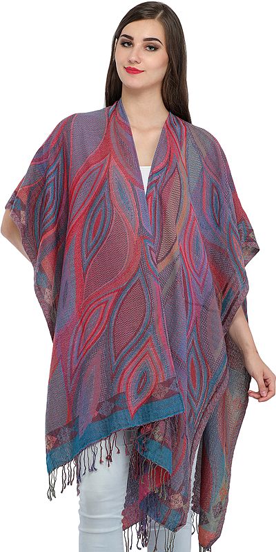 Multicolored Jamawar Cape with Woven Leaves