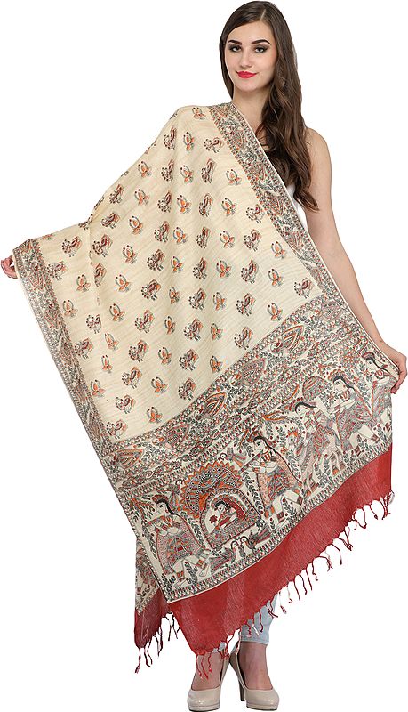 Cream and Brown Dupatta from Bengal with Madhubani Printed  Marriage Procession