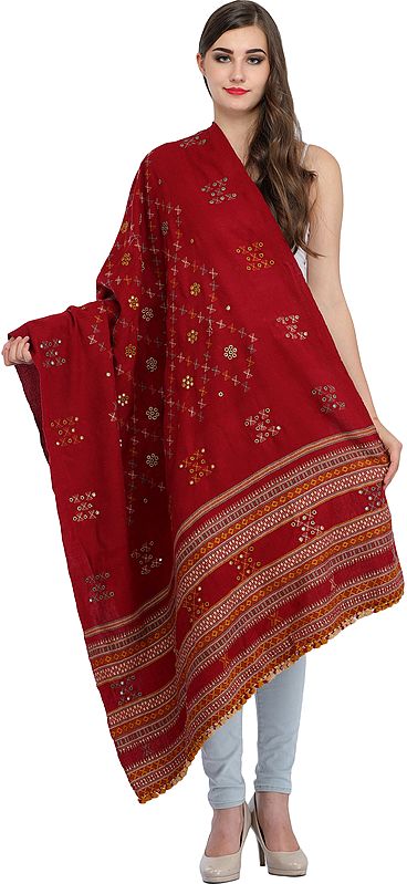 Shawl from Kutch with Woven Border and Embroidered Mirrors