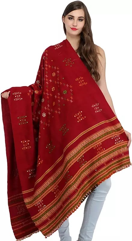 Shawl from Kutch with Woven Border and Embroidered Mirrors