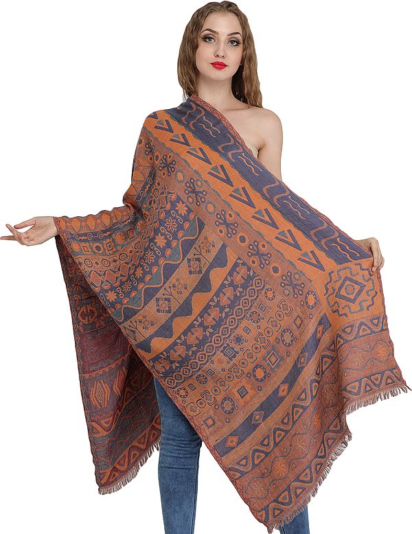 Dusty-Coral Reversible Jamawar Stole with Woven Motifs
