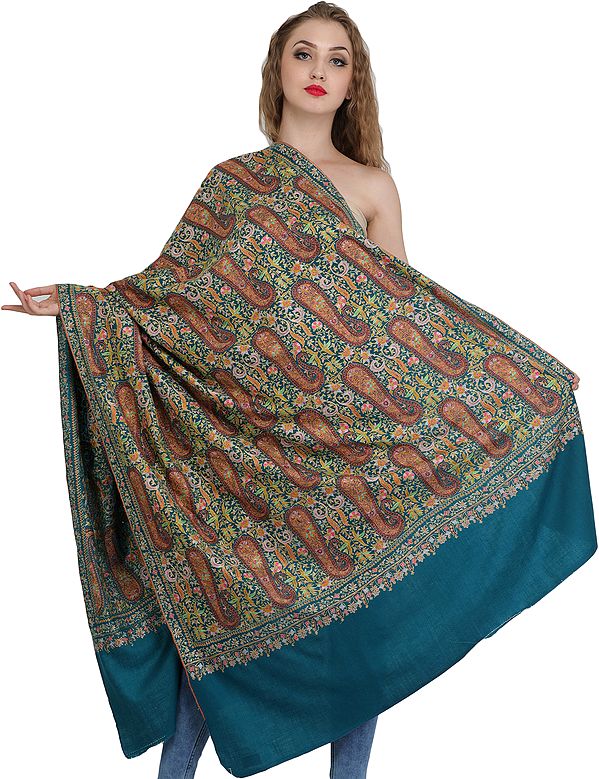 Colonial-Blue Kashmiri Pure Pashmina Shawl with Papier Mache Hand-Embroidered Paisleys | Takes around 1 year to complete | Handwoven