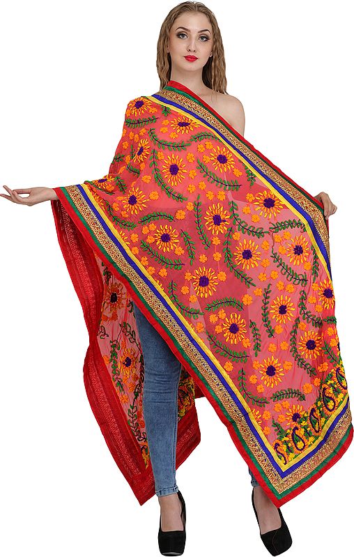 Sunkist-Coral Phulkari Stole from Punjab with Floral Hand-Embroidery and Patch Border