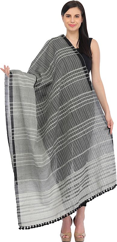 Black and Gray Shawl from Kutch with Woven Stripes