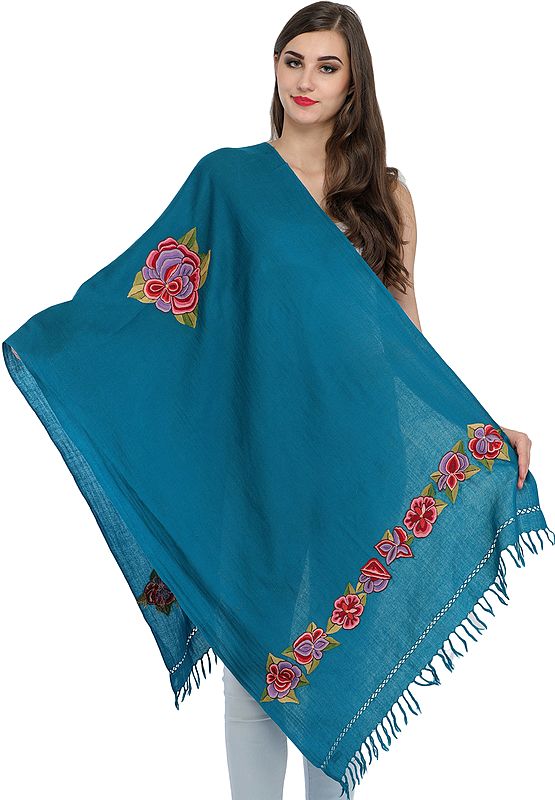 Stole from Kashmir with Aari Hand-Embroidered Flowers