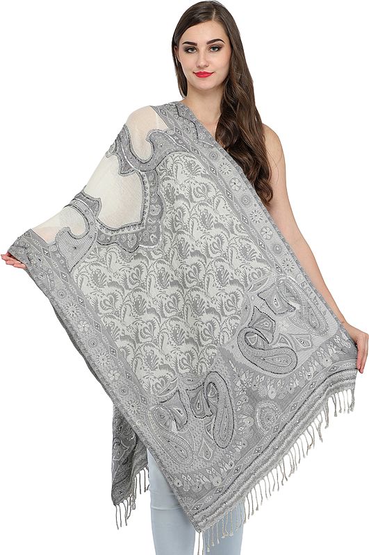 Gray and Ivory Jamawar Stole with Embroidered Beads and Sequins