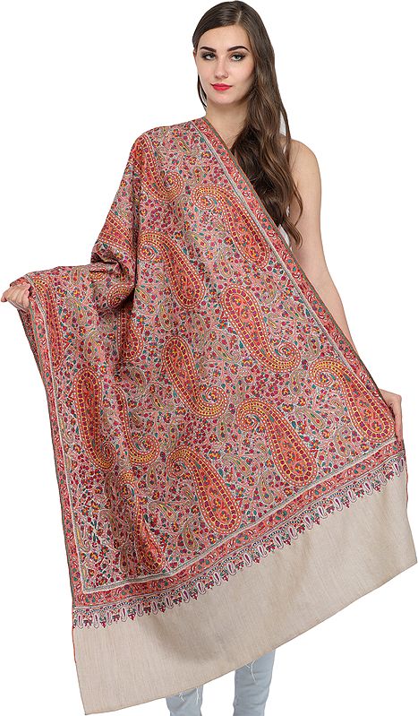 Whitecap-Gray Paisley Kashmiri Pure Pashmina Shawl with Papier Mache Hand-Embroidery All-Over | Takes around 1 year to complete | Handwoven