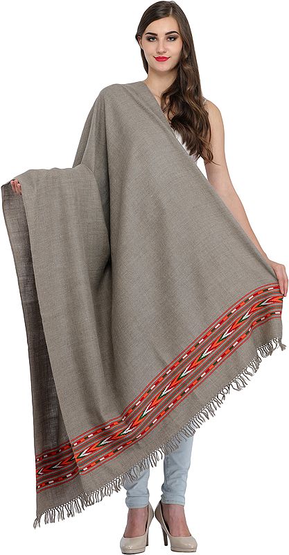 Goat-Gray Plain Shawl from Kullu with Kinnauri Woven Border