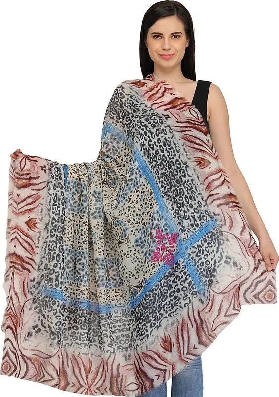 White Digital Printed Shawl with Animal Print