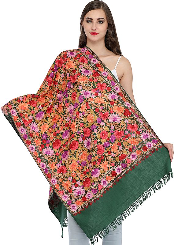 Myrtle-Green Aari Embroidered Stole from Kashmir