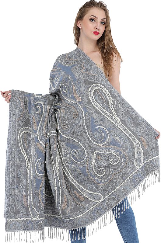 Gray and Blue Jamawar Shawl with Woven Paisleys and Wool-Embroidery