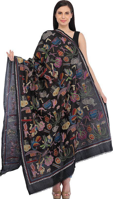 Black Kantha Dupatta from Kolkata with Hand-Embroidered Folk Motifs