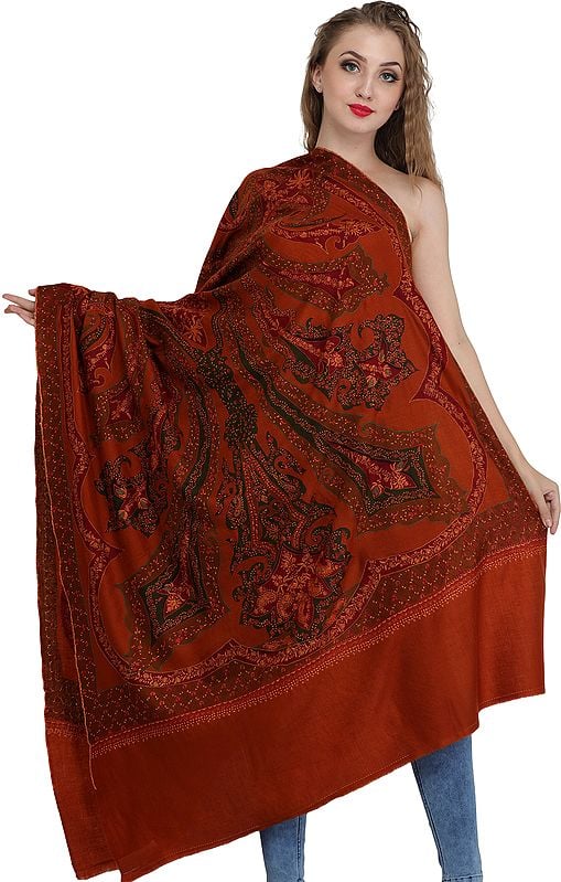 Tri-Colored Pashmina Shawl from Kashmir with Sozni Hand-Embroidery