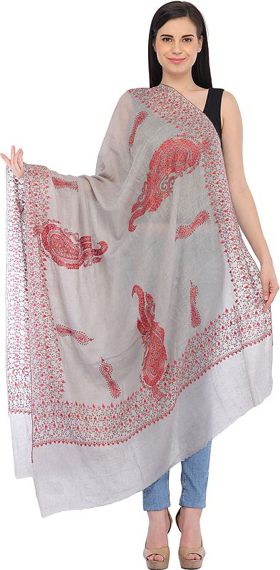 Lunar-Rock Kashmiri Pashmina Shawl with Needle-Embroidery by Hand