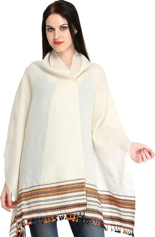 Ivory Stole from Kutch with Woven Border
