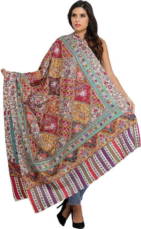 Multi-color Kalamkari Shawl from Amritsar with Dense Aari-Embroidery