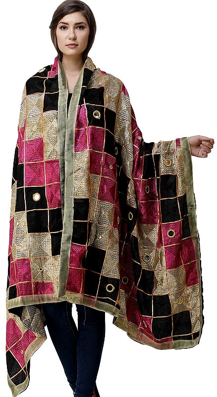 Phulkari Dupatta from Punjab with Embroidery All-Over and Mirrors