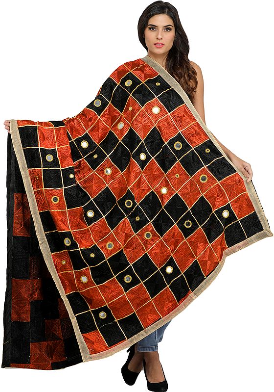Phulkari Dupatta from Punjab with Embroidery All-Over and Mirrors