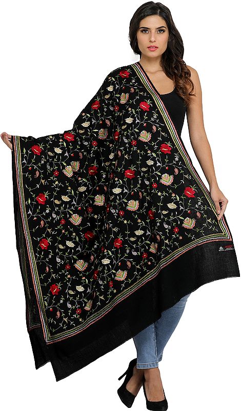 Jet-Black Shawl from Amritsar with Embroidered Flowers and Striped Border