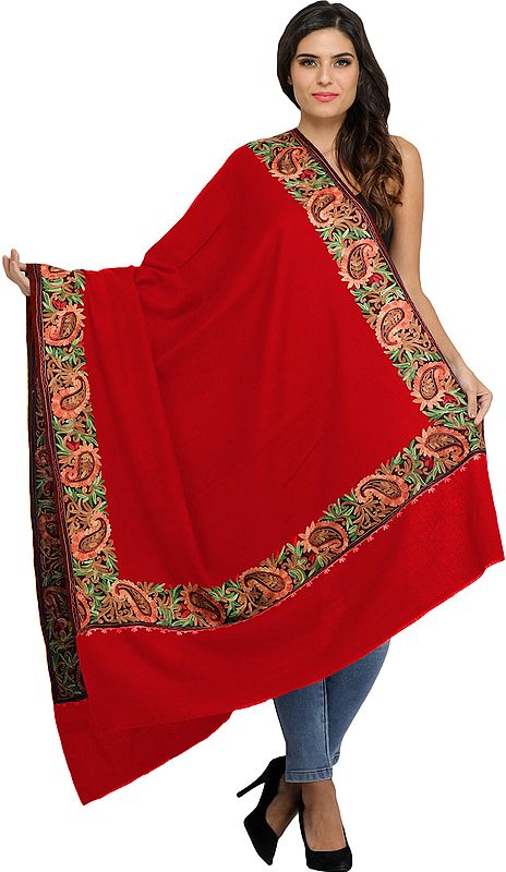Plain Shawl from Amritsar with Embroidered Paisleys on Border