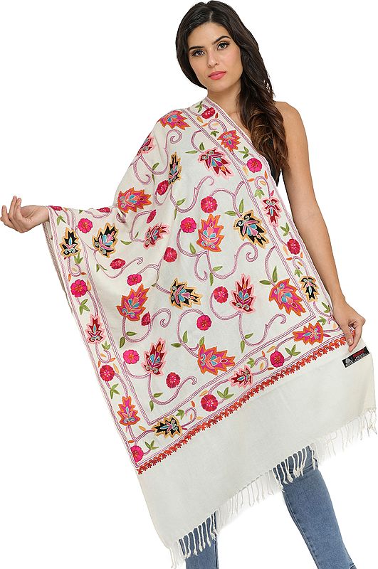 Off-White Stole from Amritsar with Aari-Embroidered Leaves