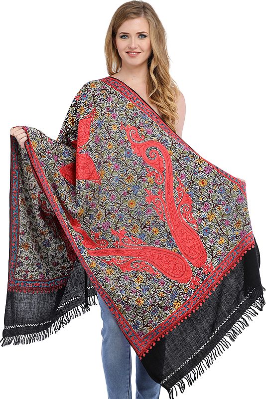 Black Stole from Kashmir with Dense Aari-Hand Embroidered Paisleys