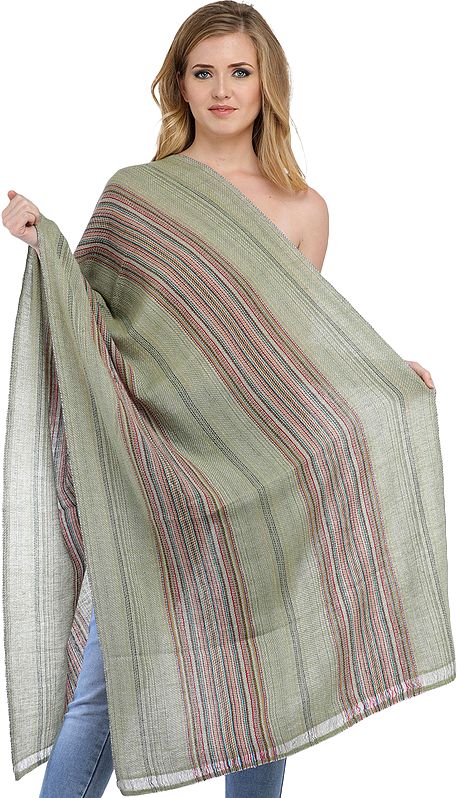 Fog-Green Cashmere Stole from Nepal with Woven Stripes