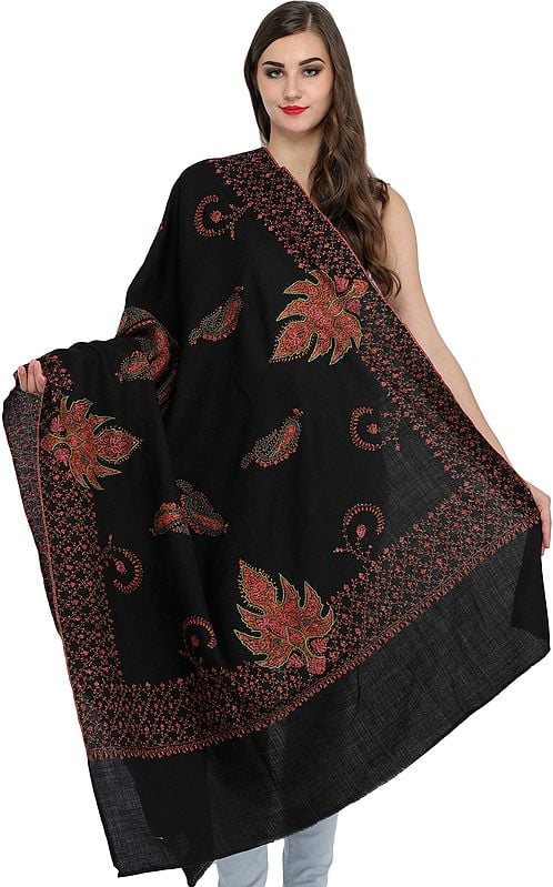 Jet-Black Tusha Shawl from Kashmir with Sozni Hand-Embroidered Chinar Leaves
