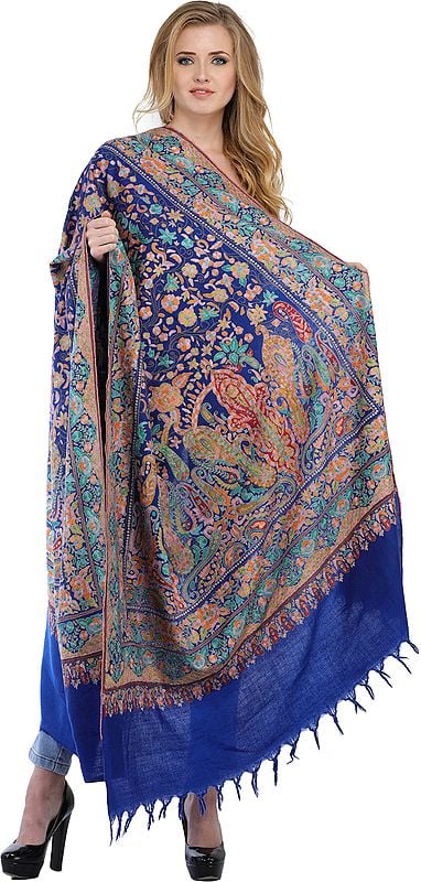 Dazzling-Blue Kashmiri Pure Pashmina Shawl with Papier-Mache Embroidery by Hand