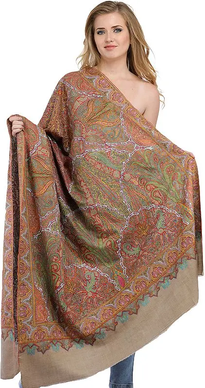 Feather-Grey Kashmiri Pure Pashmina Shawl with Kalamkari Hand-Embroidery All-Over | Takes around 1 year to complete | Handwoven