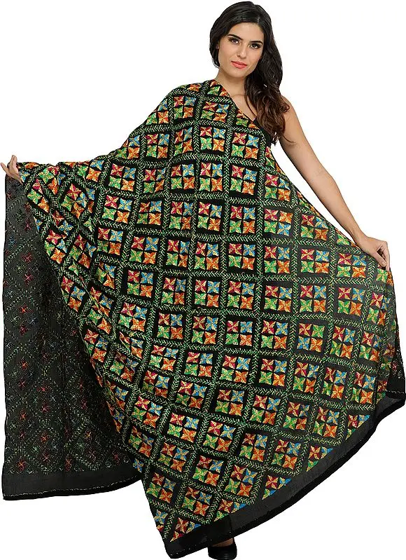 Phulkari Dupatta from Punjab with Hand-Embroidered Flowers All-Over