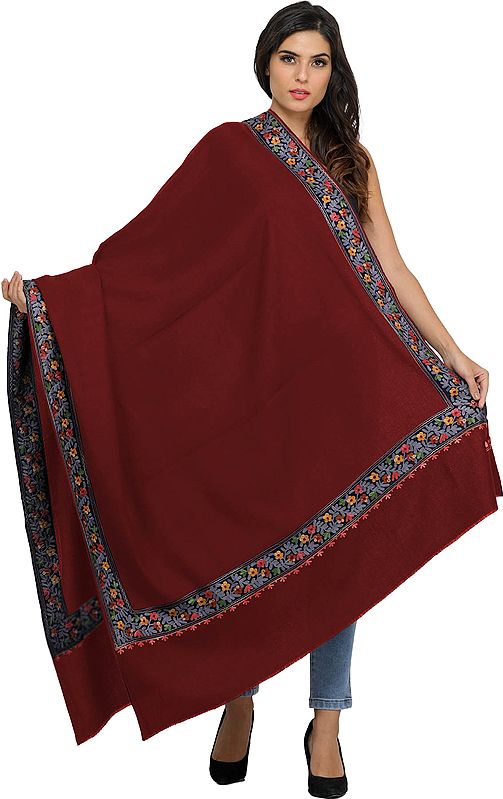Plain Shawl from Amritsar with Aari-Embroidered Floral Border