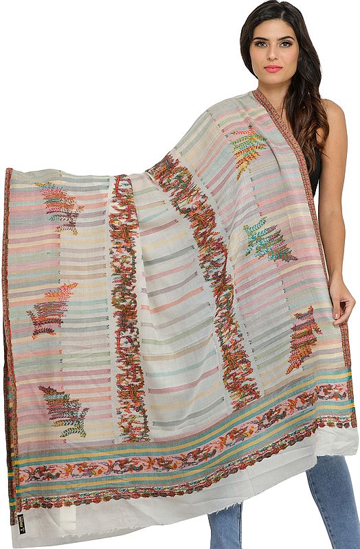Ivory Kani Cashmere Shawl from Amritsar with Woven Leaves and Stripes