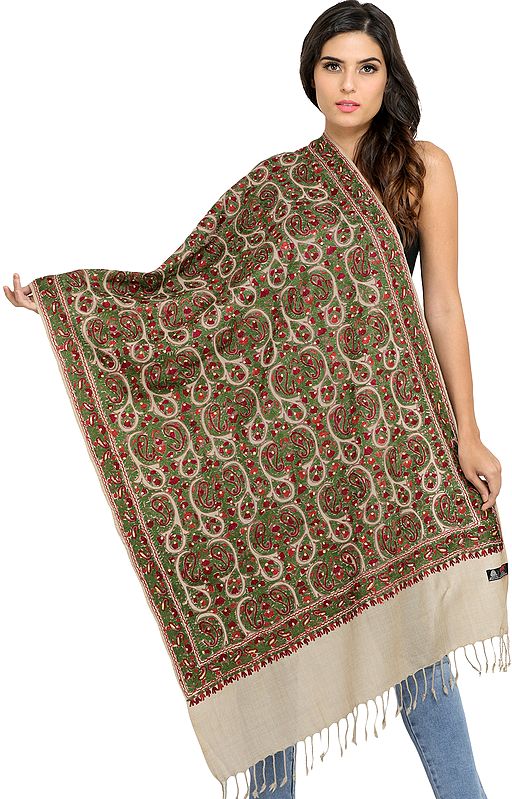 Khaki Stole from Amritsar with Dense Aari-Embroidery All-over