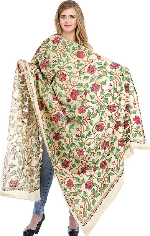 Mojave-Desert Kantha Dupatta with Hand-Embroidered Roses