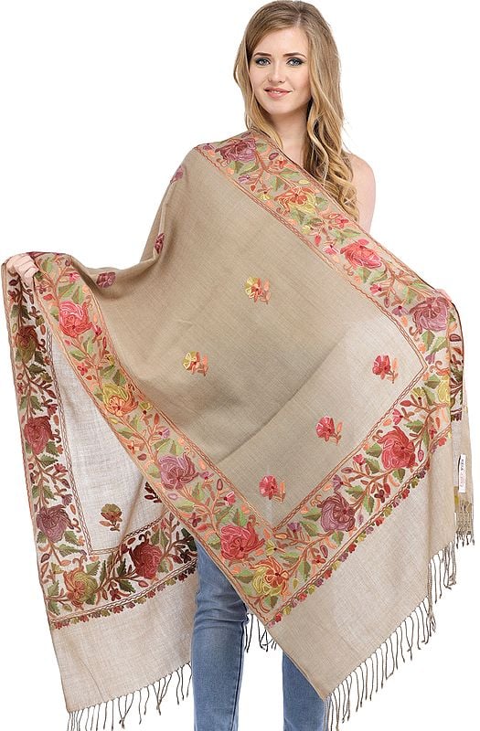 Plain Stole from Amritsar with Aari Floral Embroidery on Border