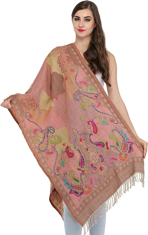 Geranium-Pink Jamawar Stole with Woven Paisleys and Wool-Embroidery