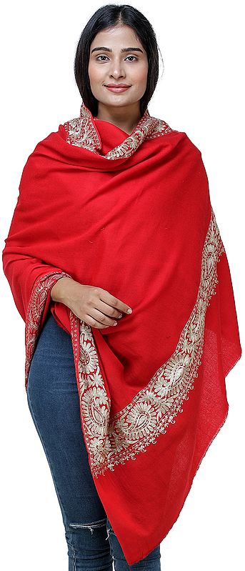 Plain Arc Shawl from Amritsar with Aari -Embroidered Paisleys and Crystals